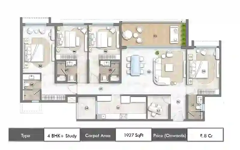 Lodha Riservo Elaris 4 BHK + Study floor plan, 1927 sq ft carpet area